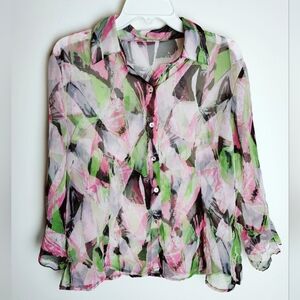 VTG 90s Nicola Sheer Abstract Print Flutter Sleeve Button Down Blouse, Sz L